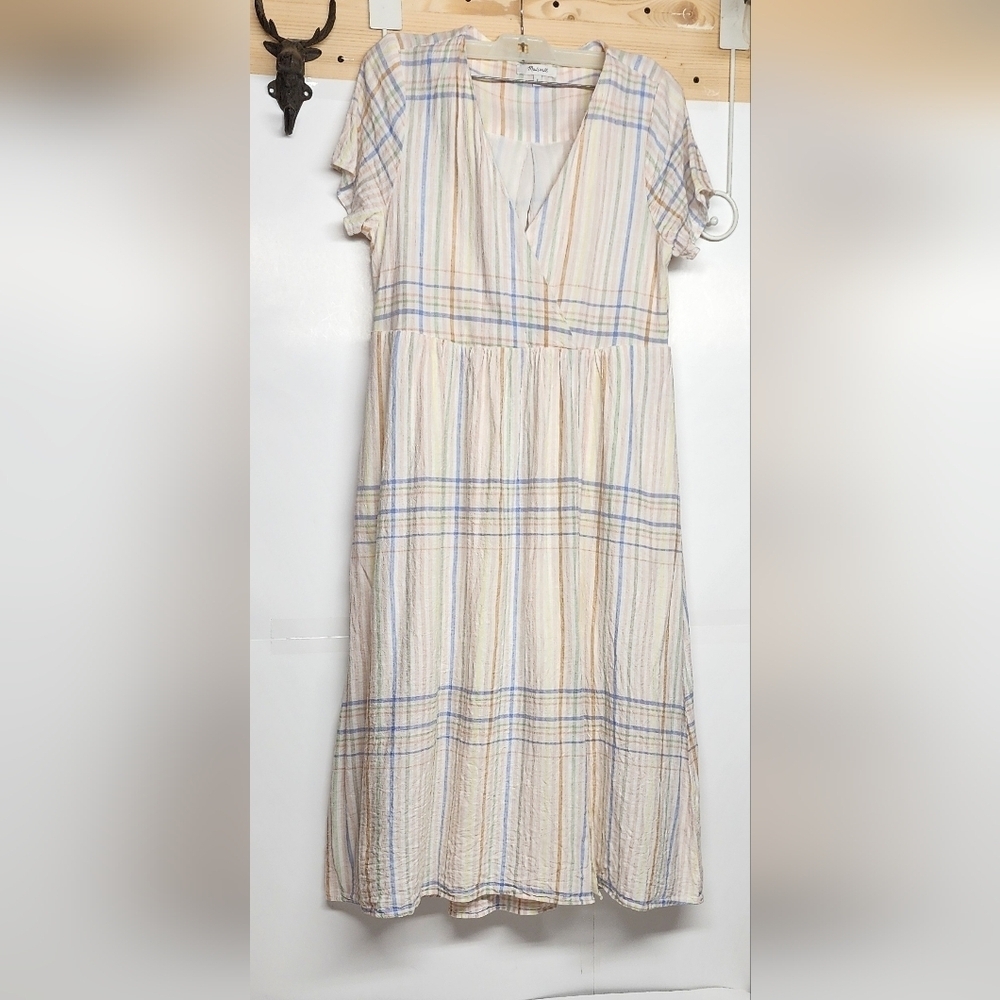 Madewell linen blend Clara pastel striped front side slit midi minimalist dress.